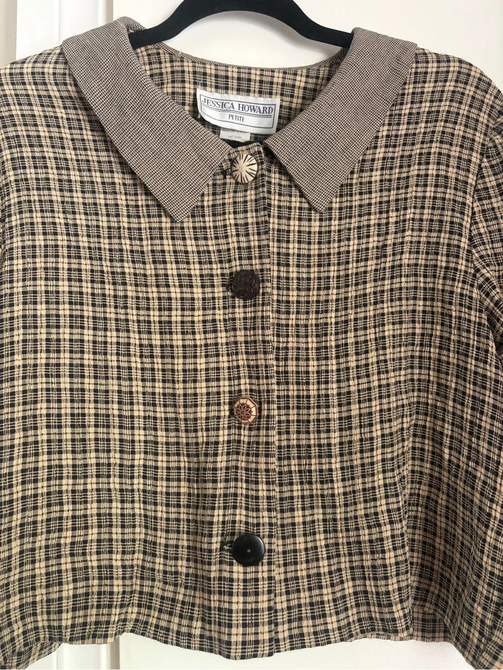 Vintage Jessica Howard Brown & Black Plaid Cropped button down top - Picture 5 of 8
